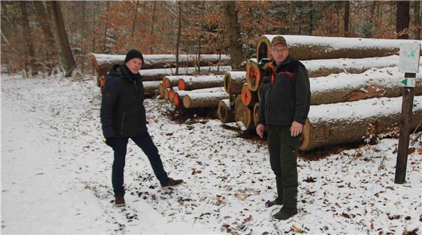 Ortsbürgermeister Wolfgang Wilhelm (links) und Revierleiter Stefan Brößling inspizieren die Schäden am mit Schnee bedeckten Trollpfad in den Nordholzer Tannen
