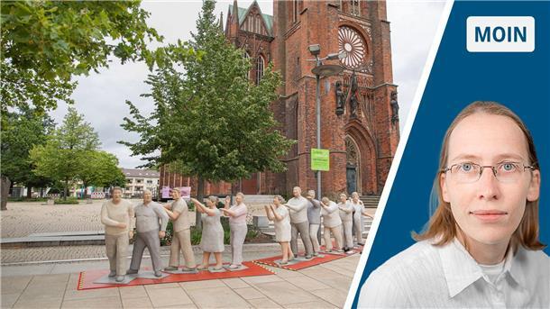Alltagsmenschen in Bremerhaven: Willkommen in der Nörgelzone Rechts: eine Frau mit blonden Haaren, links: Betonfiguren