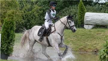 Eine Person auf einem weißen Pferd läuft durch Wasser.