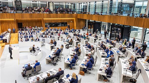 Abgeordnete nehmen im Plenarsaal an einer Sitzung des niedersächsischen Landtags teil.