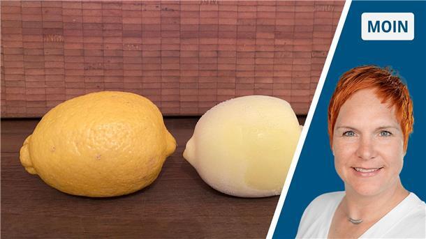Geteiltes Bild: Links eine echte und eine Zitrone aus Eis, rechts das Porträt der Autorin.