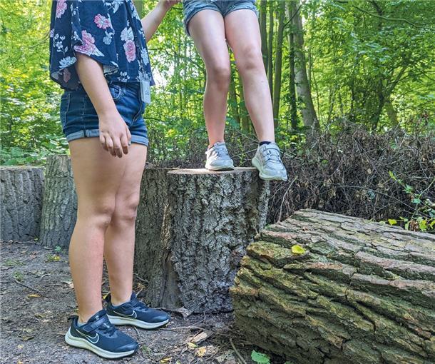 Ein Kind steigt von einem Baumstumpf auf einen liegenden Baumstamm.