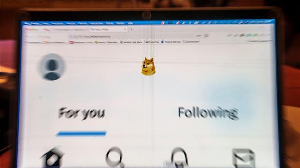 Auf einem Laptop-Display ist die Startseite von Twitter zu sehen, die anstelle des Twitter-Logos das Symbol der Digitalwährung Dogecoin zeigt.
