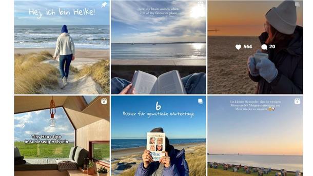 Screenshot des Insta-Feeds von Helke Gutsche mit sechs verschiedenen Bildern auf denen Sonnenuntergänge, Natur und die Protagonistin zu sehen sind.