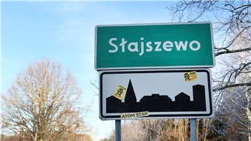 Aufkleber mit der Aufschrift „Nein zum Atom“ und „Atom Stop“ kleben am Ortsschild von Slajszewo.