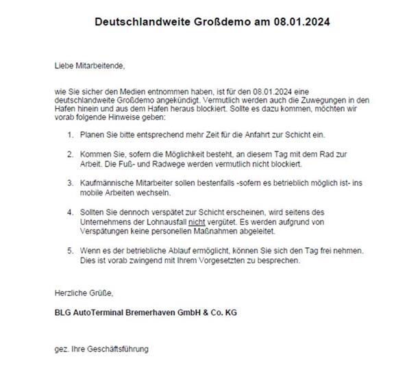 Bauernproteste: Heute Morgen wird der Hafen in Bremerhaven blockiert Aushang der BLG