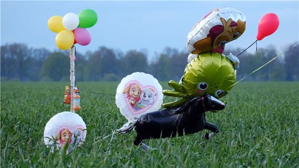 Vermisstenfall Arian: Die Polizei stellt erneute Suche ein Ballons und Süßigkeiten stehen auf einem Feld bei Bremervörde.
