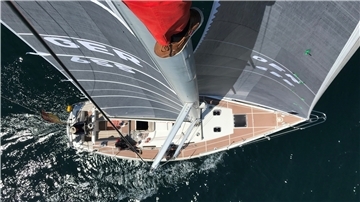 Ein Segelschiff von oben fotografiert.