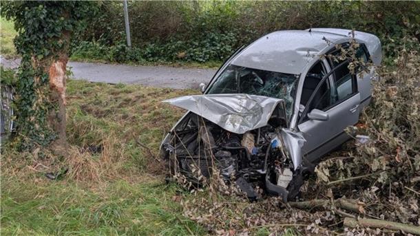 Alkohol am Steuer? 71-Jähriger prallt bei Ringstedt gegen Baum ein beschädigtes Auto steht nach einem Unfall teilweise in einem Graben