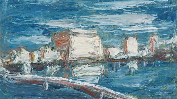 Bei seinen Landschaften beschränkte sich Holmead auf wenige Chiffren: Himmel, Wolken, Wasser, Häuser - fertig ist die „Küstenstadt“ (1970).