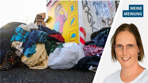Altkleidersäcke, aus denen offen die Kleidung quillt, liegen vor einem vollen Altkleidercontainer, daneben ein Porträt der Autorin.
