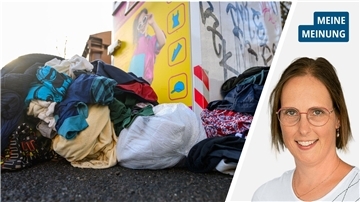 Altkleidersäcke, aus denen offen die Kleidung quillt, liegen vor einem vollen Altkleidercontainer, daneben ein Porträt der Autorin.