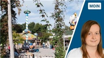 Eine Freizeitpark und eine junge Frau sind zu sehen.