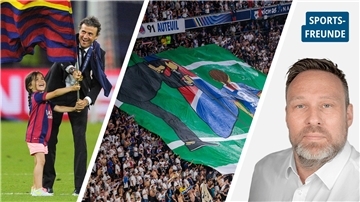 Bildkombo: Luis Enrique und Tochter Xana 2015 nach dem Champions-League-Sieg mit dem FC Barcelona (links). Zehn Jahre später erinnert ein Banner der PSG-Ultras in München an diesen Moment – eine stille Geste, die mitten im Jubel Raum für Erinnerung schafft.