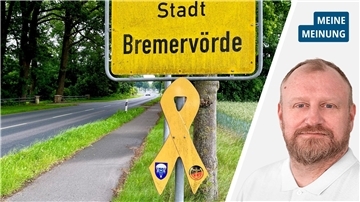 Jan IvenBald in Bremerhaven? Die Stadt Bremervörde hat bereits gelbe Schleifen an ihren Ortseingangsschildern befestigt.