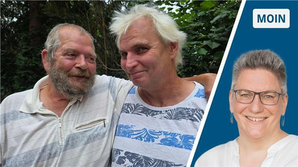 links zwei Männer, einer mit Bart, einer mit blondierten Haaren, rechts Frau in weißer Bluse mit Brille