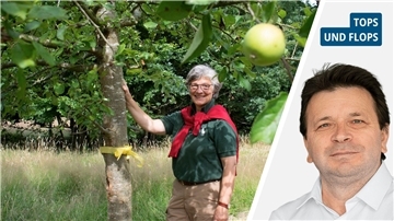 Links: Frau am Apfelbaum. Rechts: Ismail Kul.