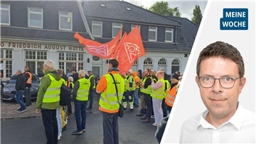 Die Collage zeigt links eine Kundgebung bei Glencore in Nordenham und rechts Redakteur Timo Kühnemuth.