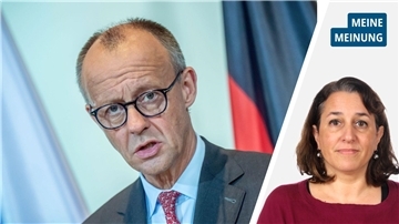 Schwarz-Rot mit Kanzler Merz in der Kritik: Streit statt Fortschritt Porträts von Kanzler Friedrich Merz und Kommentatorin Mey Dudin