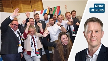 Jubelnde Mnschen und ein Mann im Portrait