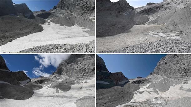 Fotos machen und Klimawandel zeigen Bilder der vergangenen vier Jahre: Der Vergleich zeigt, wie sich der Gletscher Watzmann verändert (von oben links nach unten rechts).