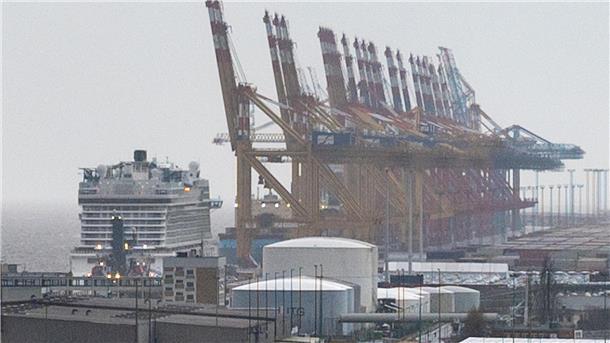 Blick auf die Stromkaje. Viele Containerbrücken sind hochgeklappt.