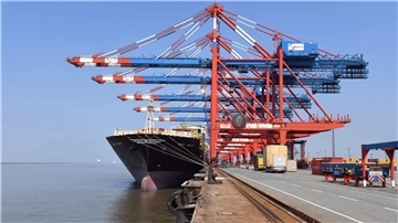 Schiff unter Containerbrücken.
