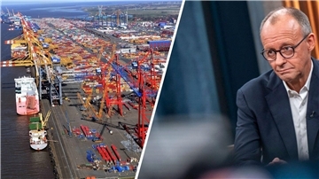 Bremerhavener Überseehafen mit Containerkaje/ Bundeskanzler Friedrich Merz (CDU)