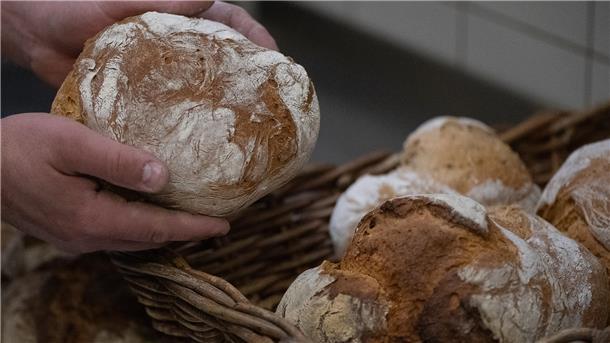 Eine Hand hält einen Laib Brot.