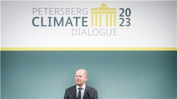 Bundeskanzler Olaf Scholz während seiner Rede beim 14. Petersberger Klimadialog im Auswärtigen Amt.