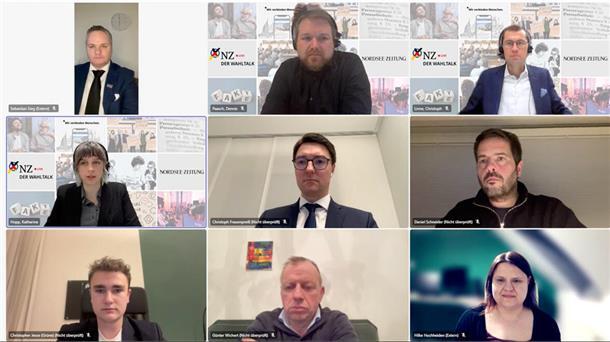 Chefredakteur Christoph Linne (oben rechts) moderierte mit Dennis Paasch und Katharina Hopp (mittlere Reihe von links) den NZ-Wahltalk mit Christoph Frauenpreiß (CDU), Daniel Schneider (SPD), Christopher Jesse (Grüne), Günter Wichert (FDP), Hilke Hochheiden (Linke) sowie Sebastian Sieg (AfD, oben links).
