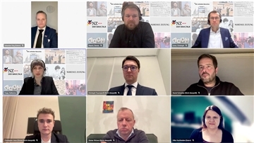 Chefredakteur Christoph Linne (oben rechts) moderierte mit Dennis Paasch und Katharina Hopp (mittlere Reihe von links) den NZ-Wahltalk mit Christoph Frauenpreiß (CDU), Daniel Schneider (SPD), Christopher Jesse (Grüne), Günter Wichert (FDP), Hilke Hochheiden (Linke) sowie Sebastian Sieg (AfD, oben links).