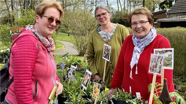 Christa Bahlmann und ihre Tochter Sylvia Kuhnert hatten auch für Gartenliebhaberin Antje Hedemann aus Stadland einige gute Tipps parat.