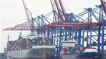 Containerschiffe werden am Container Terminal Tollerort im Hamburger Hafen abgefertigt.
