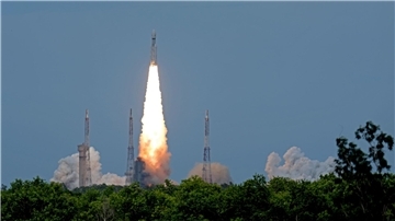 Das indische Raumschiff Chandrayaan-3, das Wort für „Mondfahrzeug“ in Sanskrit, startet vom Satish Dhawan Space Centre im indischen Sriharikota.