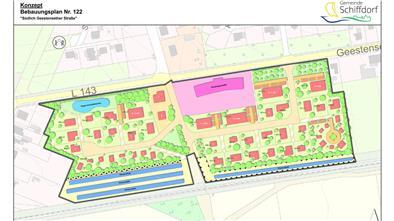 Das neue Baugebiet in Sellstedt wird bunt und ökologisch: Eine Kita (rosa Fläche), Eigenheime, Seniorenwohnungen und Tiny-Häuser sind zwischen der Ortsdurchgangsstraße und der Bahn geplant. Und geheizt werden soll mit Sonnenenergie.