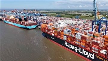 Zwei große Containerschiffe liegen an einem Terminal