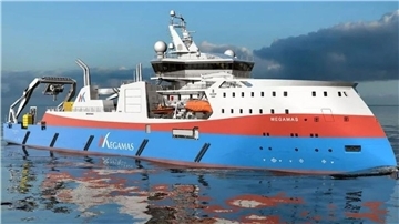 Rendering eines modernen Kabelverlegeschiffs in den Farben Blau, Weiß und Rot mit dem Schriftzug „MEGAMAS“ auf dem Rumpf. Das Spezialschiff ist mit technischen Anlagen und Kränen für Offshore-Arbeiten ausgestattet und liegt auf ruhigem Wasser vor bewölktem Himmel.