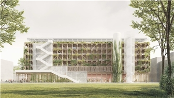 Visualisierung des geplanten Mobility Hubs im Werftquartier Bremerhaven: sechsgeschossiges, offenes Holzgebäude mit begrünten Fassaden, Außentreppen, vertikalem Grün, Solaranlagen auf dem Dach und öffentlichem Raum im Erdgeschoss.