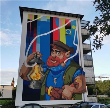 Seemann mit Laterne als Wandbild im Comic-Stil