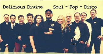 Delicious Divine -  eine elfköpfige Soulband mit Keyboards, Gitarre, Bass, Schlagzeug, Trompete, Saxophon, Posaune und drei Stimme, die sich dem Soul, Pop und Funk verschrieben hat.
