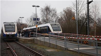 Zwei Züge auf Gleisen an einem Bahnhof.