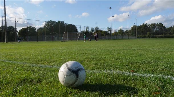 Ein Ball auf einem Fußballfeld.