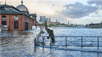 Der Hambuger Fischmarkt mit der Fischauktionshalle steht teilweise unter Wasser.
