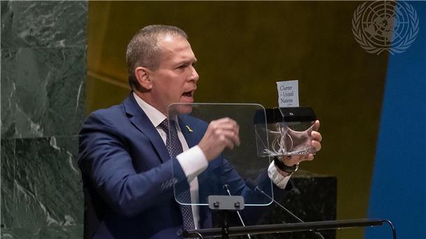 Der israelische Botschafter Gilad Erdan bei seiner Rede vor der Vollversammlung der Vereinten Nationen in New York.