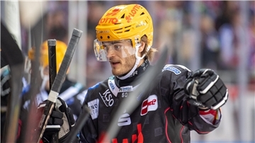 Ein Eishockeyspieler steht an der Bande und unterhält sich mit Teamkollegen. Ludwig Byström von den Fischtown Pinguins.