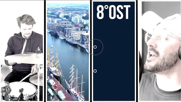 Collage aus mehreren Bildern: Schlagzeugspieler, Luftbild von Hafen, Schriftzug, Sänger