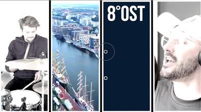 Collage aus mehreren Bildern: Schlagzeugspieler, Luftbild von Hafen, Schriftzug, Sänger