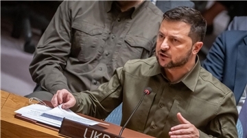 Der ukrainische Präsident Wolodymyr Selenskyj spricht im UN-Sicherheitsrat.