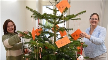 Zwei Frauen schmücken einen Weihnachtsbaum.